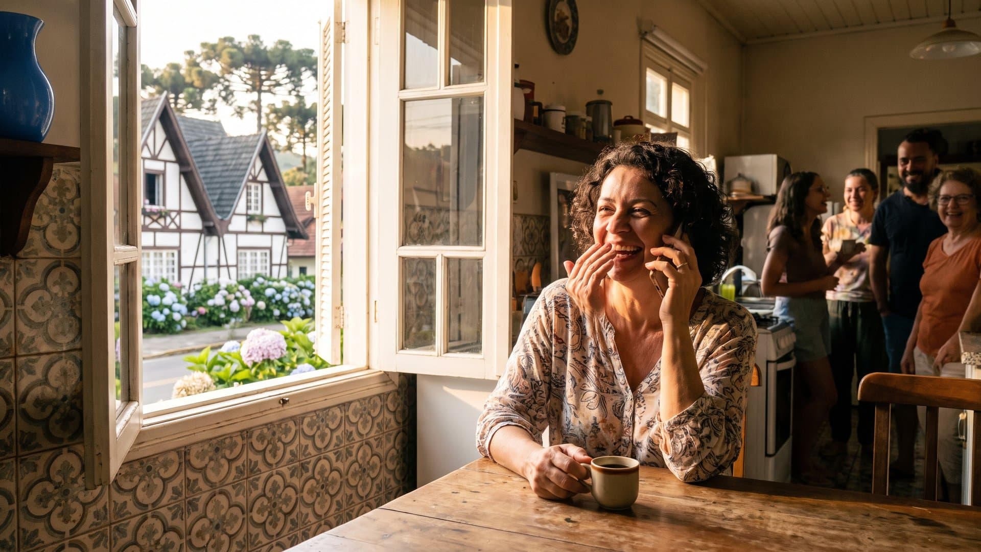 Mulher na cozinha fala ao telefone com uma xícara de café, encantada com o que ouve