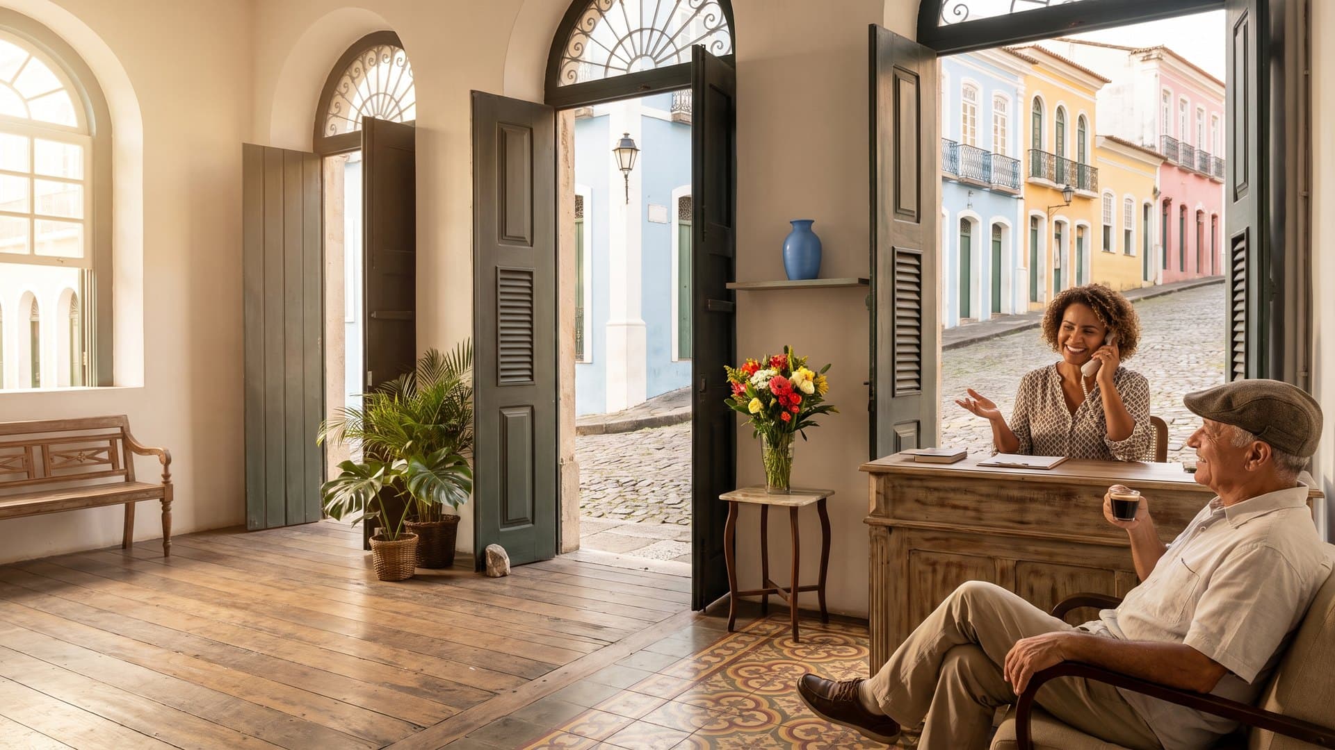 Recepcionista sorridente atendendo o telefone na recepção de um salão num casarão colonial do Pelourinho, em Salvador; um senhor toma um cafezinho e, pela porta aberta, aparecem a ladeira de pedra e as fachadas coloniais coloridas