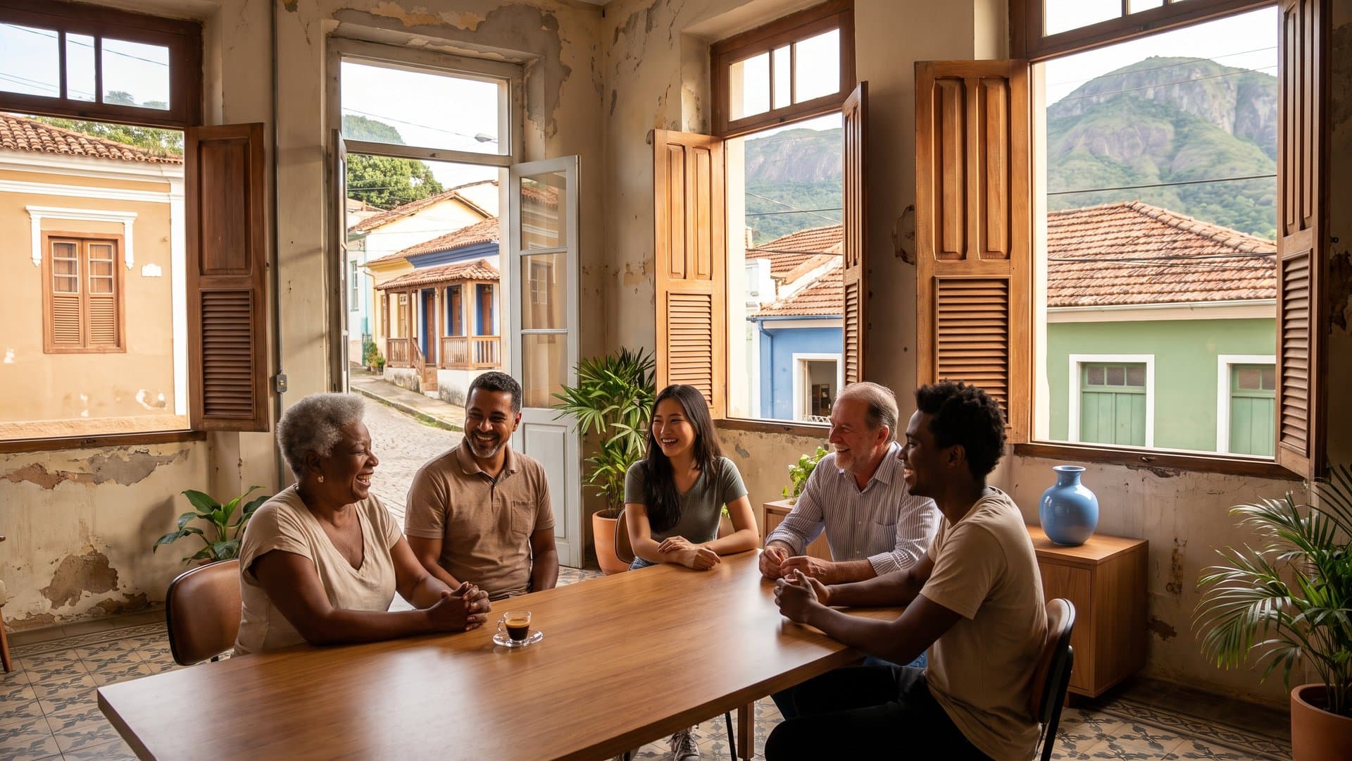 Uma equipe pequena e simpática ri junto de uma mesa num escritório iluminado