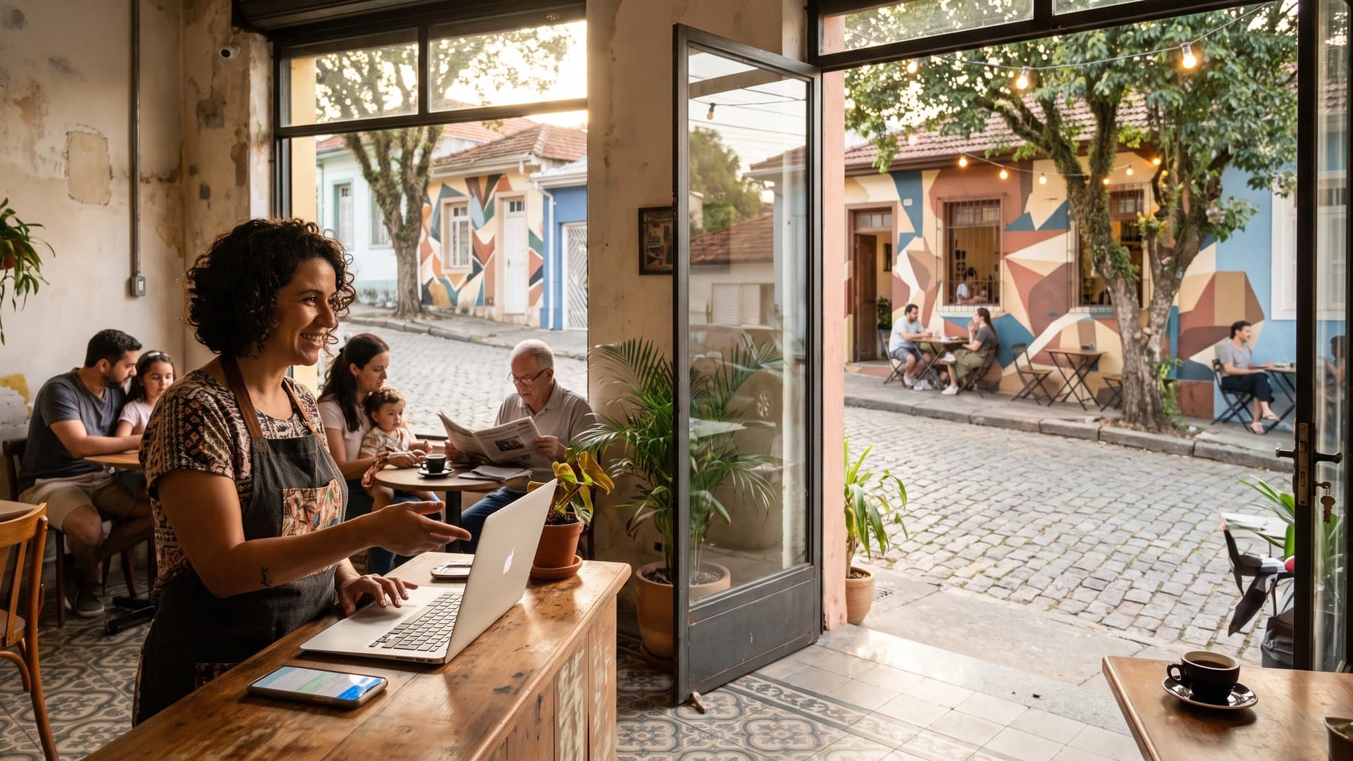 Dona de um café configura tudo no notebook enquanto o celular acende no balcão