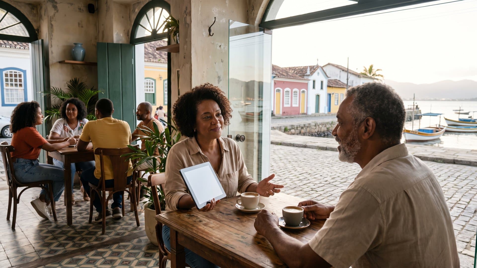 Empreendedora compara duas opções num tablet num café