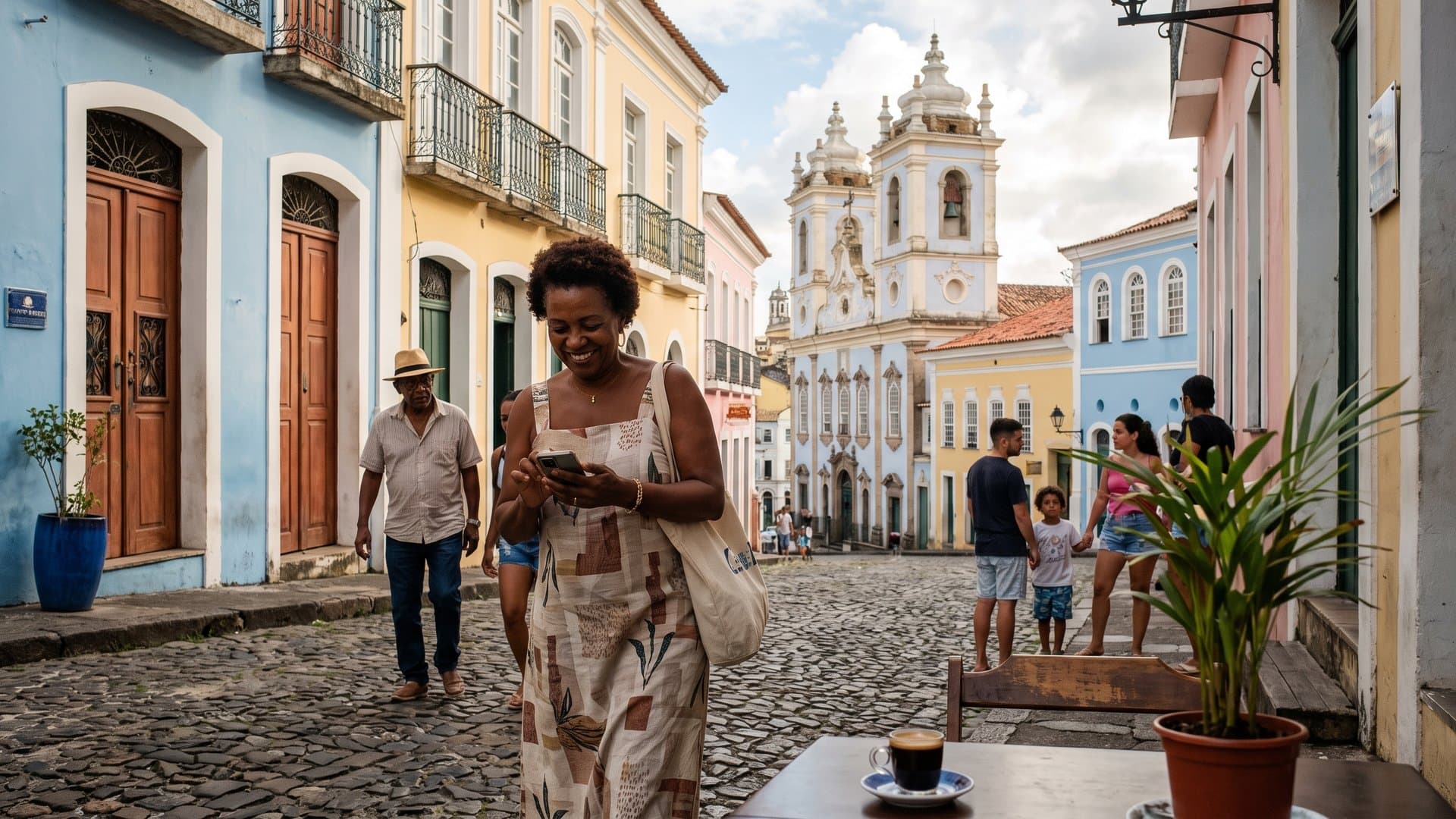 Anfitriã de uma pousada olha o celular enquanto caminha por uma rua histórica de pedra