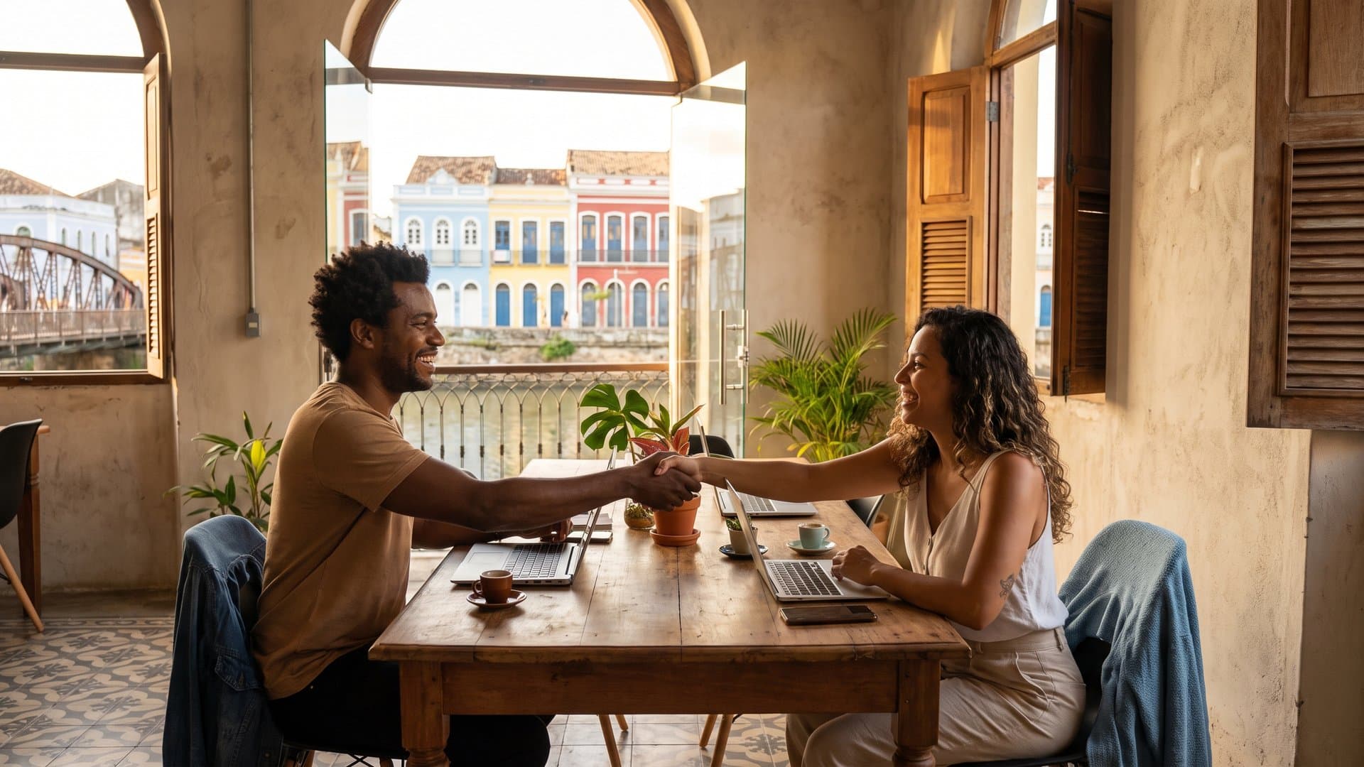 Dois empreendedores se cumprimentam num coworking iluminado