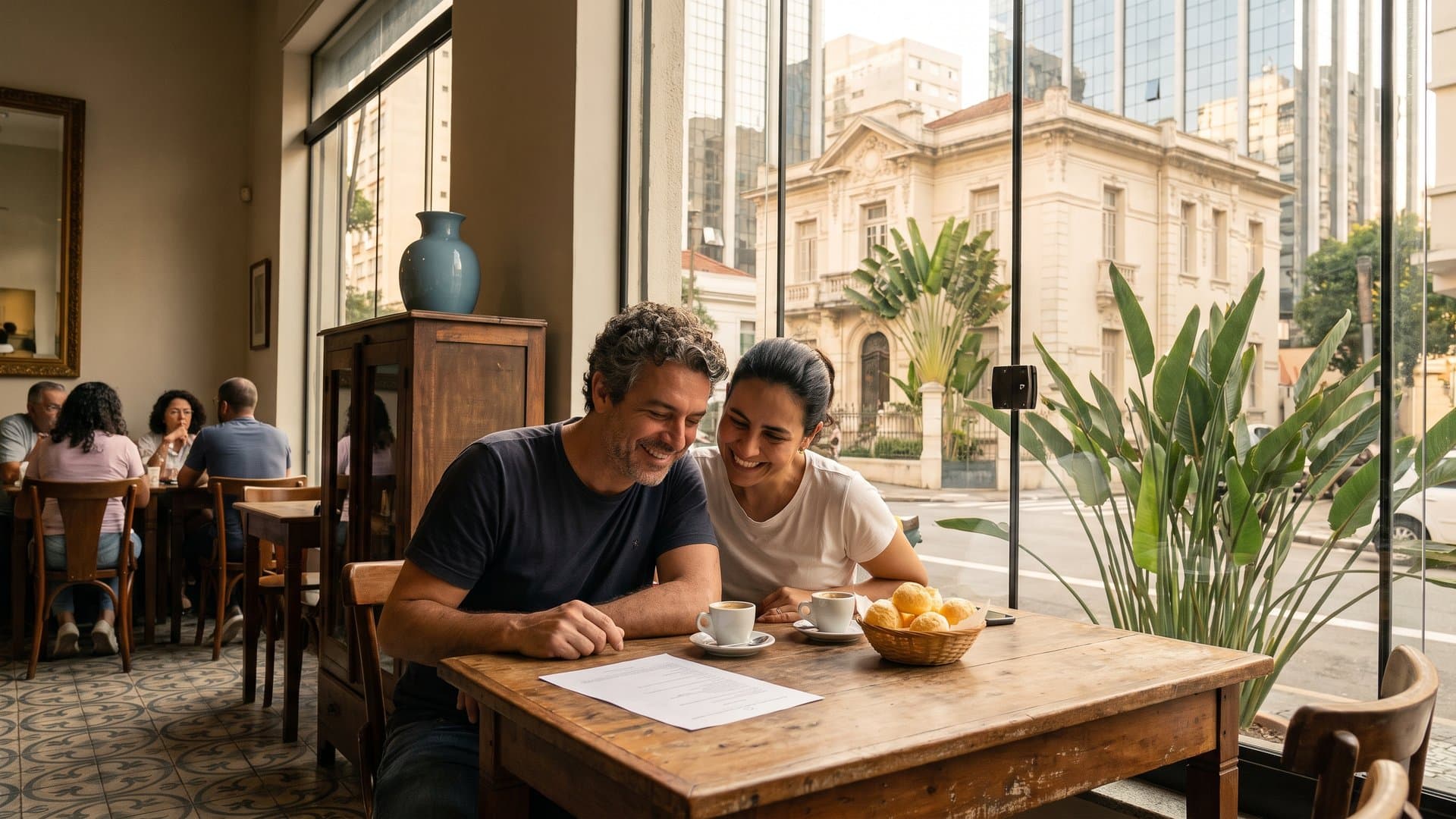 Casal que cuida de uma pequena padaria revisa um plano simples com café e pão de queijo