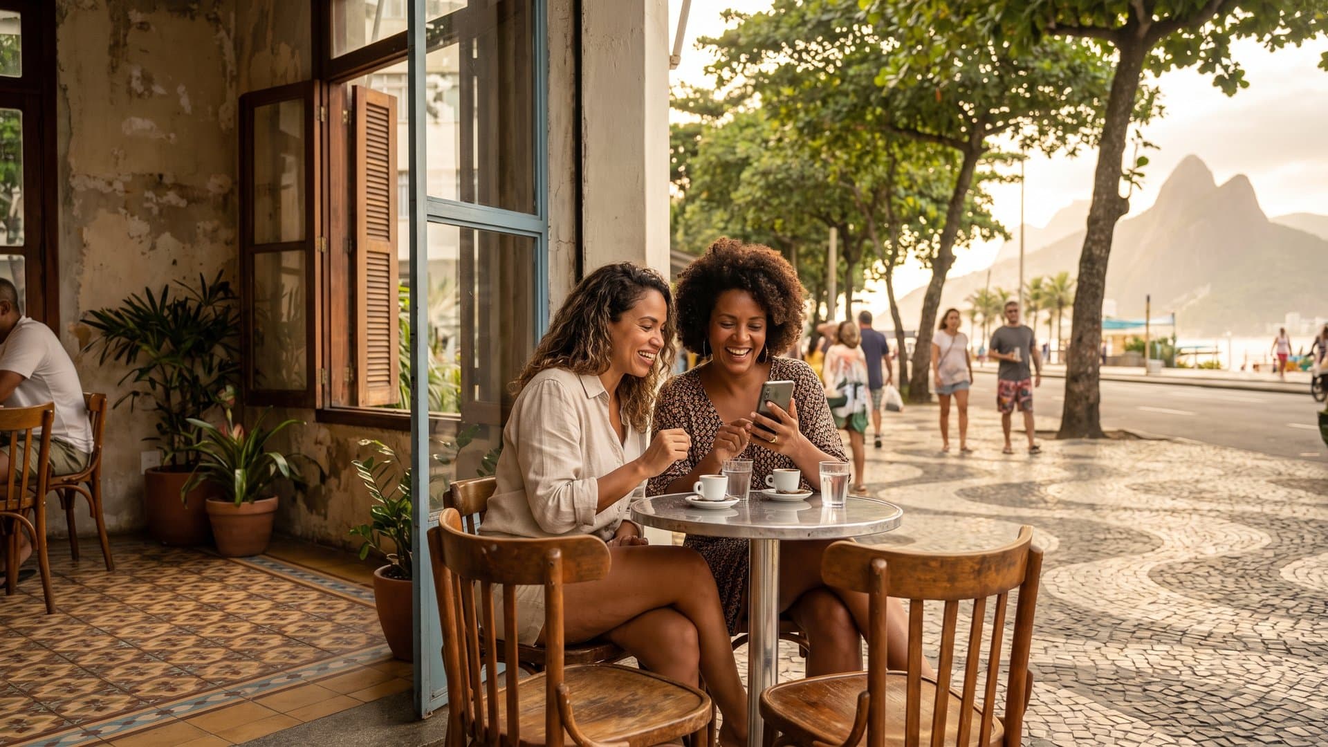 Duas amigas empreendedoras conversam tomando café numa mesa na calçada